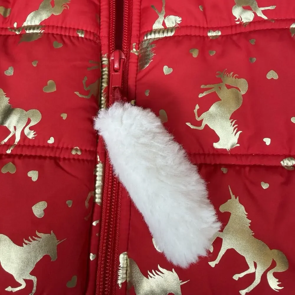 Isaac Mizrahi Girls Quilted Hooded Vest Red Metallic Unicorns Med 7-8 Faux Fur